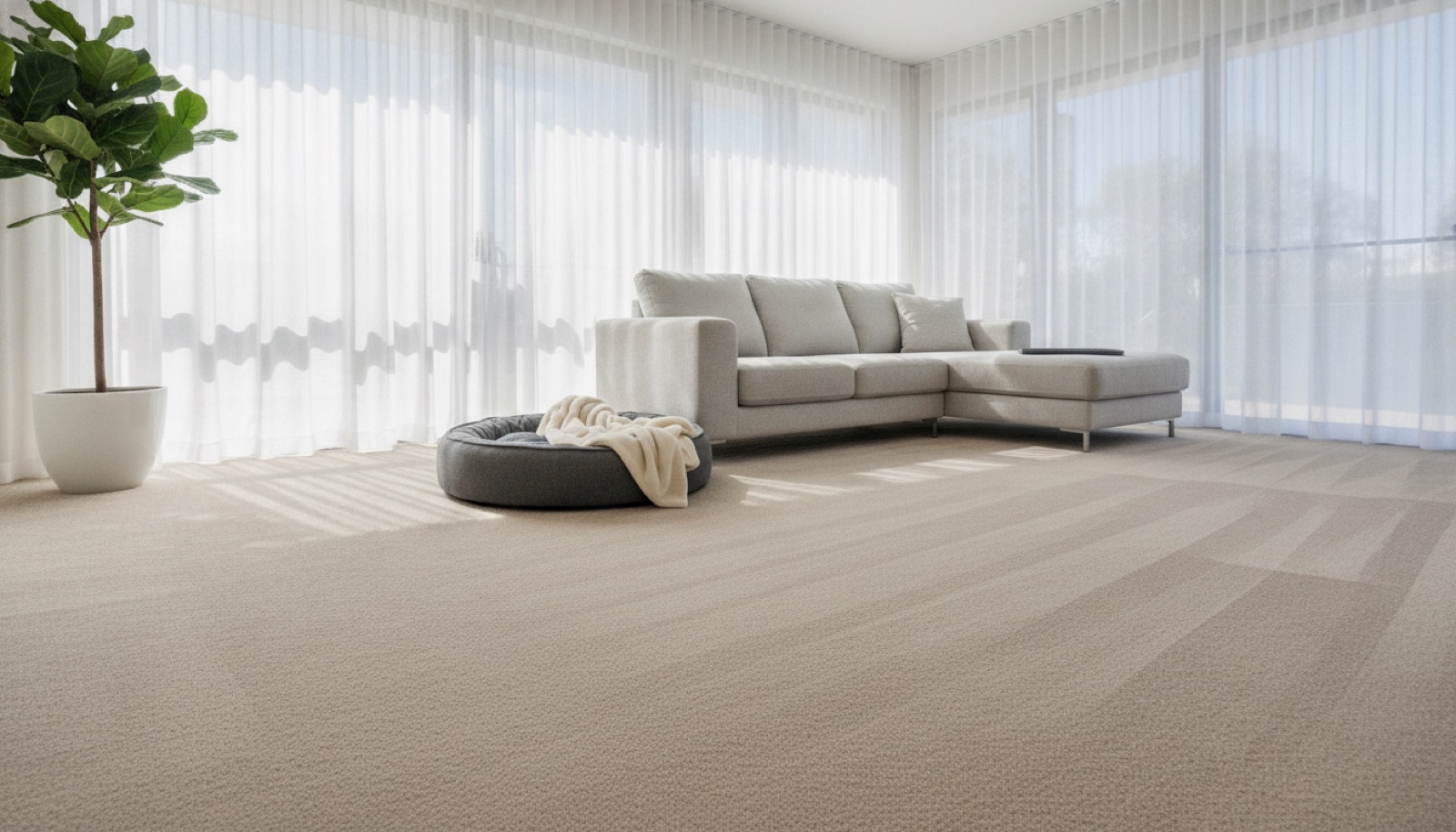 Clean beige carpet in a bright Perth living room with a grey pet bed near the sofa